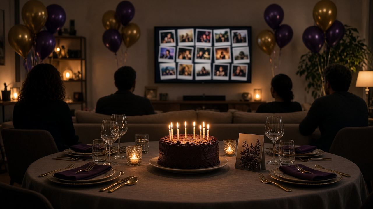 Table d'anniversaire, gâteau et mur photo sur la télé