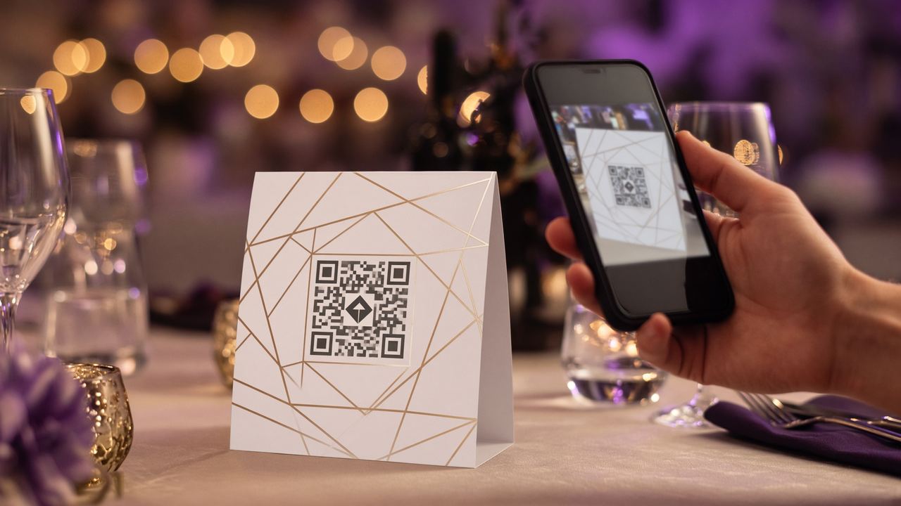 Téléphone scannant le QR code d'un chevalet de table Festéo