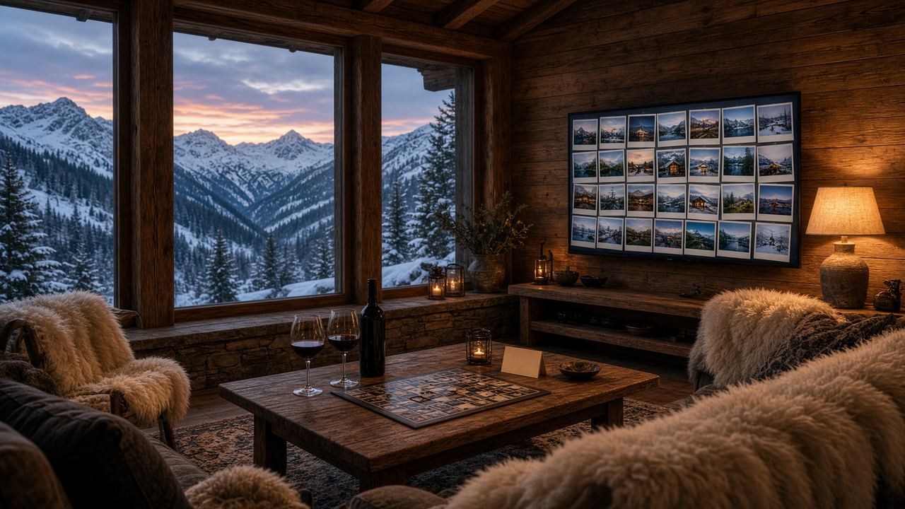 Salon de chalet avec un mur photo projeté pendant un week-end